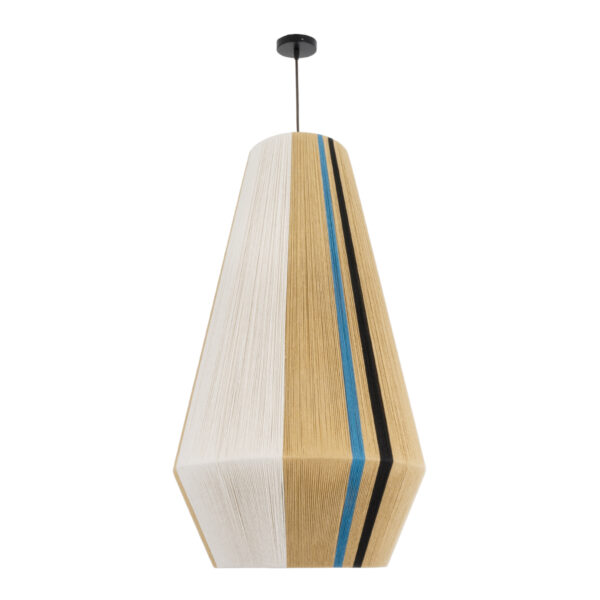 GloboStar® SALERNO 02079 Boho Κρεμαστό Φωτιστικό Οροφής Μονόφωτο 1 x E27 AC220-240V IP20 – Φ50 x Υ90cm – Μπεζ με Λευκό και Γαλάζια με Μαύρη Λεπτομέρεια Λεπτό Νήμα Βαμβακερό Πλέγμα Καμπάνα – 5 Χρόνια Εγγύηση