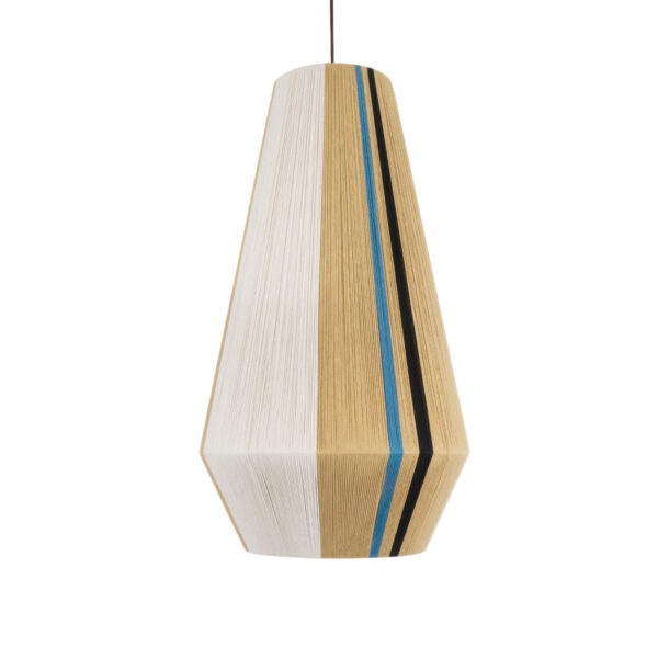 GloboStar® SALERNO 02079 Boho Κρεμαστό Φωτιστικό Οροφής Μονόφωτο 1 x E27 AC220-240V IP20 – Φ50 x Υ90cm – Μπεζ με Λευκό και Γαλάζια με Μαύρη Λεπτομέρεια Λεπτό Νήμα Βαμβακερό Πλέγμα Καμπάνα – 5 Χρόνια Εγγύηση