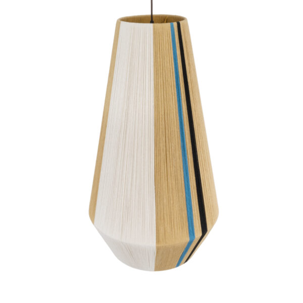 GloboStar® SALERNO 02079 Boho Κρεμαστό Φωτιστικό Οροφής Μονόφωτο 1 x E27 AC220-240V IP20 – Φ50 x Υ90cm – Μπεζ με Λευκό και Γαλάζια με Μαύρη Λεπτομέρεια Λεπτό Νήμα Βαμβακερό Πλέγμα Καμπάνα – 5 Χρόνια Εγγύηση