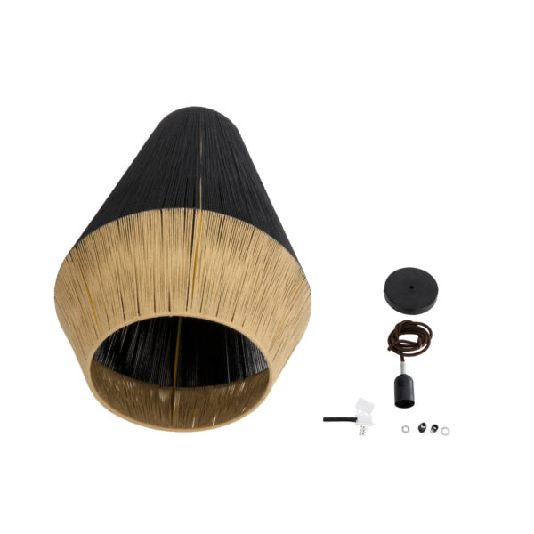 GloboStar® SALERNO 02080 Boho Κρεμαστό Φωτιστικό Οροφής Μονόφωτο 1 x E27 AC220-240V IP20 – Φ50 x Υ80cm – Μαύρο με Μπεζ Λεπτό Νήμα Βαμβακερό Πλέγμα Καμπάνα – 5 Χρόνια Εγγύηση
