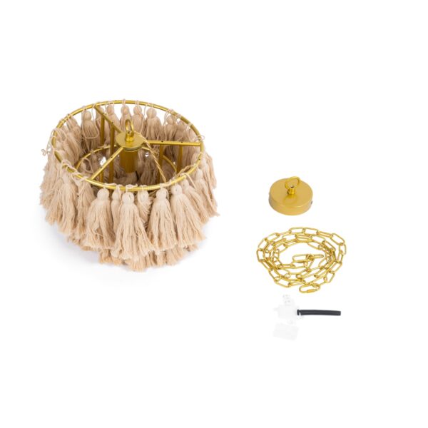GloboStar® MISSOULA 02084 Boho Κρεμαστό Φωτιστικό Οροφής Μονόφωτο 1 x E27 AC220-240V IP20 – Φ30 x Υ40cm – Μπεζ Λεπτό Νήμα Βαμβακερό και Χρυσό Μεταλλικό Πλέγμα – 5 Χρόνια Εγγύηση