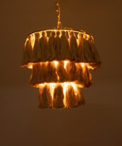 GloboStar® MISSOULA 02084 Boho Κρεμαστό Φωτιστικό Οροφής Μονόφωτο 1 x E27 AC220-240V IP20 – Φ30 x Υ40cm – Μπεζ Λεπτό Νήμα Βαμβακερό και Χρυσό Μεταλλικό Πλέγμα – 5 Χρόνια Εγγύηση