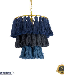 GloboStar® MISSOULA 02085 Boho Κρεμαστό Φωτιστικό Οροφής Μονόφωτο 1 x E27 AC220-240V IP20 – Φ30 x Υ40cm – Μπλε Σκούρο με Μαύρο και Μπλε Λεπτό Νήμα Βαμβακερό και Χρυσό Μεταλλικό Πλέγμα – 5 Χρόνια Εγγύηση