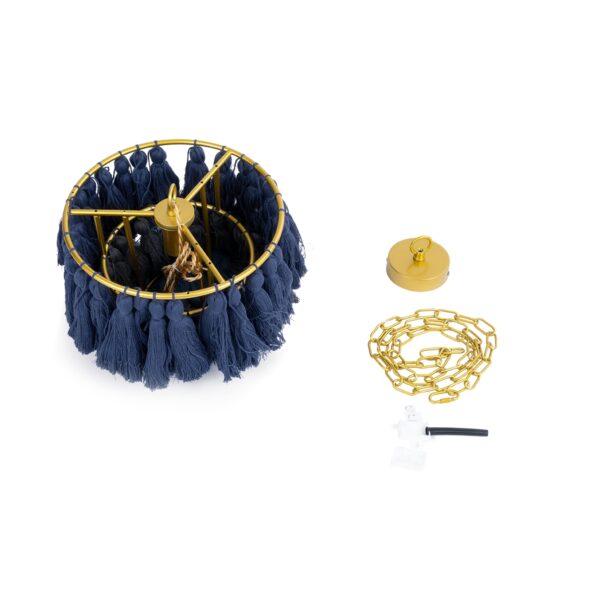 GloboStar® MISSOULA 02085 Boho Κρεμαστό Φωτιστικό Οροφής Μονόφωτο 1 x E27 AC220-240V IP20 – Φ30 x Υ40cm – Μπλε Σκούρο με Μαύρο και Μπλε Λεπτό Νήμα Βαμβακερό και Χρυσό Μεταλλικό Πλέγμα – 5 Χρόνια Εγγύηση