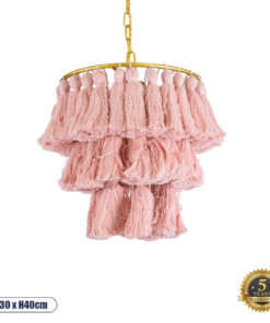 GloboStar® MISSOULA 02086 Boho Κρεμαστό Φωτιστικό Οροφής Μονόφωτο 1 x E27 AC220-240V IP20 – Φ30 x Υ40cm – Ροζ Λεπτό Νήμα Βαμβακερό και Χρυσό Μεταλλικό Πλέγμα – 5 Χρόνια Εγγύηση