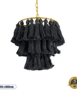 GloboStar® MISSOULA 02087 Boho Κρεμαστό Φωτιστικό Οροφής Μονόφωτο 1 x E27 AC220-240V IP20 – Φ30 x Υ40cm – Μαύρο Λεπτό Νήμα Βαμβακερό και Χρυσό Μεταλλικό Πλέγμα – 5 Χρόνια Εγγύηση