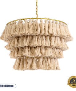 GloboStar® MISSOULA 02088 Boho Κρεμαστό Φωτιστικό Οροφής Μονόφωτο 1 x E27 AC220-240V IP20 – Φ60 x Υ40cm – Μπεζ Λεπτό Νήμα Βαμβακερό και Χρυσό Μεταλλικό Πλέγμα – 5 Χρόνια Εγγύηση