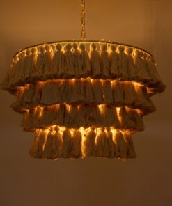 GloboStar® MISSOULA 02088 Boho Κρεμαστό Φωτιστικό Οροφής Μονόφωτο 1 x E27 AC220-240V IP20 – Φ60 x Υ40cm – Μπεζ Λεπτό Νήμα Βαμβακερό και Χρυσό Μεταλλικό Πλέγμα – 5 Χρόνια Εγγύηση