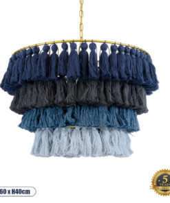 GloboStar® MISSOULA 02089 Boho Κρεμαστό Φωτιστικό Οροφής Μονόφωτο 1 x E27 AC220-240V IP20 – Φ60 x Υ40cm – Μπλε Σκούρο με Μαύρο και Μπλε με Μπλε Ανοιχτό Λεπτό Νήμα Βαμβακερό και Χρυσό Μεταλλικό Πλέγμα – 5 Χρόνια Εγγύηση