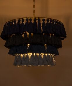 GloboStar® MISSOULA 02089 Boho Κρεμαστό Φωτιστικό Οροφής Μονόφωτο 1 x E27 AC220-240V IP20 – Φ60 x Υ40cm – Μπλε Σκούρο με Μαύρο και Μπλε με Μπλε Ανοιχτό Λεπτό Νήμα Βαμβακερό και Χρυσό Μεταλλικό Πλέγμα – 5 Χρόνια Εγγύηση