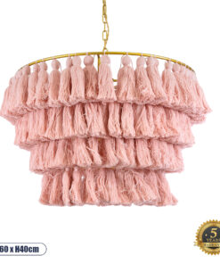 GloboStar® MISSOULA 02090 Boho Κρεμαστό Φωτιστικό Οροφής Μονόφωτο 1 x E27 AC220-240V IP20 – Φ60 x Υ40cm – Ροζ Λεπτό Νήμα Βαμβακερό και Χρυσό Μεταλλικό Πλέγμα – 5 Χρόνια Εγγύηση