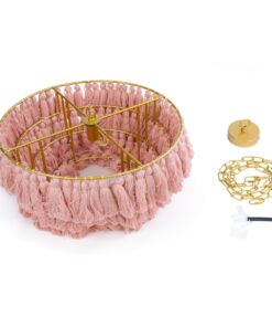 GloboStar® MISSOULA 02090 Boho Κρεμαστό Φωτιστικό Οροφής Μονόφωτο 1 x E27 AC220-240V IP20 – Φ60 x Υ40cm – Ροζ Λεπτό Νήμα Βαμβακερό και Χρυσό Μεταλλικό Πλέγμα – 5 Χρόνια Εγγύηση