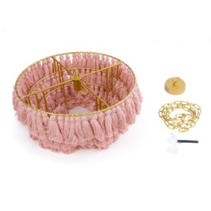 GloboStar® MISSOULA 02090 Boho Κρεμαστό Φωτιστικό Οροφής Μονόφωτο 1 x E27 AC220-240V IP20 – Φ60 x Υ40cm – Ροζ Λεπτό Νήμα Βαμβακερό και Χρυσό Μεταλλικό Πλέγμα – 5 Χρόνια Εγγύηση