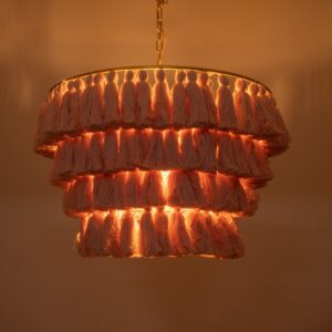 GloboStar® MISSOULA 02090 Boho Κρεμαστό Φωτιστικό Οροφής Μονόφωτο 1 x E27 AC220-240V IP20 – Φ60 x Υ40cm – Ροζ Λεπτό Νήμα Βαμβακερό και Χρυσό Μεταλλικό Πλέγμα – 5 Χρόνια Εγγύηση