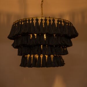 GloboStar® MISSOULA 02091 Boho Κρεμαστό Φωτιστικό Οροφής Μονόφωτο 1 x E27 AC220-240V IP20 – Φ60 x Υ40cm – Μαύρο Λεπτό Νήμα Βαμβακερό και Χρυσό Μεταλλικό Πλέγμα – 5 Χρόνια Εγγύηση