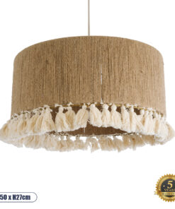 GloboStar® PUERTORICO 02094 Boho Κρεμαστό Φωτιστικό Οροφής Τρίφωτο 3 x E27 AC220-240V IP20 – Φ50 x Υ27cm – Μπεζ με Λευκό Λεπτό Νήμα Πλέγμα Βαμβακερό Καπέλο – 5 Χρόνια Εγγύηση