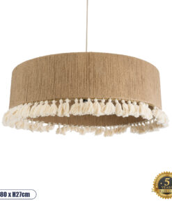 GloboStar® PUERTORICO 02095 Boho Κρεμαστό Φωτιστικό Οροφής Τριφωτο 3 x E27 AC220-240V IP20 – Φ80 x Υ27cm – Μπεζ με Λευκό Λεπτό Νήμα Πλέγμα Βαμβακερό Καπέλο – 5 Χρόνια Εγγύηση