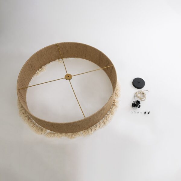 GloboStar® PUERTORICO 02095 Boho Κρεμαστό Φωτιστικό Οροφής Τριφωτο 3 x E27 AC220-240V IP20 – Φ80 x Υ27cm – Μπεζ με Λευκό Λεπτό Νήμα Πλέγμα Βαμβακερό Καπέλο – 5 Χρόνια Εγγύηση