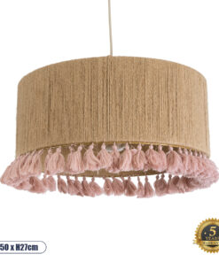 GloboStar® PUERTORICO 02096 Boho Κρεμαστό Φωτιστικό Οροφής Τρίφωτο 3 x E27 AC220-240V IP20 – Φ50 x Υ27cm – Μπεζ με Ροζ Λεπτό Νήμα Πλέγμα Βαμβακερό Καπέλο – 5 Χρόνια Εγγύηση