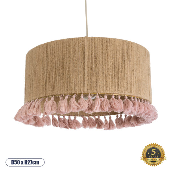 GloboStar® PUERTORICO 02096 Boho Κρεμαστό Φωτιστικό Οροφής Τρίφωτο 3 x E27 AC220-240V IP20 - Φ50 x Υ27cm - Μπεζ με Ροζ Λεπτό Νήμα Πλέγμα Βαμβακερό Καπέλο - 5 Χρόνια Εγγύηση