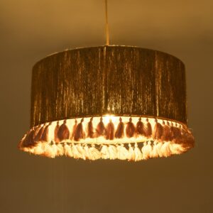 GloboStar® PUERTORICO 02096 Boho Κρεμαστό Φωτιστικό Οροφής Τρίφωτο 3 x E27 AC220-240V IP20 – Φ50 x Υ27cm – Μπεζ με Ροζ Λεπτό Νήμα Πλέγμα Βαμβακερό Καπέλο – 5 Χρόνια Εγγύηση