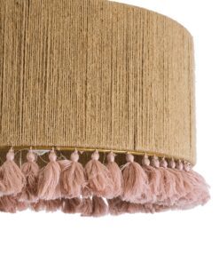 GloboStar® PUERTORICO 02096 Boho Κρεμαστό Φωτιστικό Οροφής Τρίφωτο 3 x E27 AC220-240V IP20 – Φ50 x Υ27cm – Μπεζ με Ροζ Λεπτό Νήμα Πλέγμα Βαμβακερό Καπέλο – 5 Χρόνια Εγγύηση