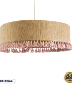 GloboStar® PUERTORICO 02097 Boho Κρεμαστό Φωτιστικό Οροφής Τρίφωτο 3 x E27 AC220-240V IP20 – Φ80 x Υ27cm – Μπεζ με Ροζ Λεπτό Νήμα Πλέγμα Βαμβακερό Καπέλο – 5 Χρόνια Εγγύηση