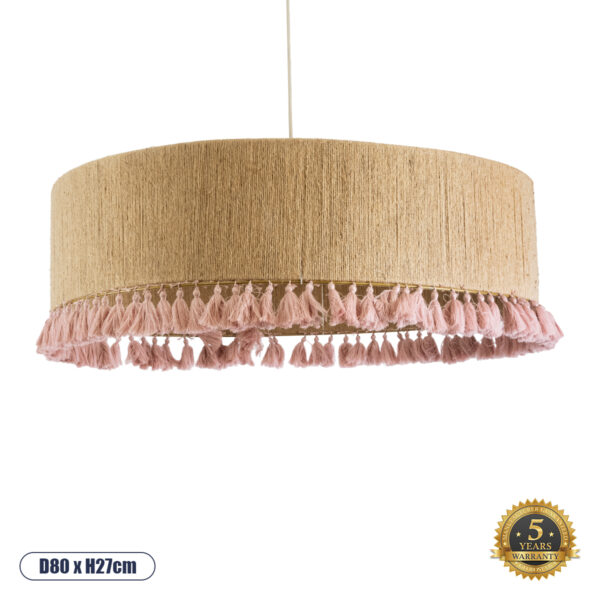 GloboStar® PUERTORICO 02097 Boho Κρεμαστό Φωτιστικό Οροφής Τρίφωτο 3 x E27 AC220-240V IP20 - Φ80 x Υ27cm - Μπεζ με Ροζ Λεπτό Νήμα Πλέγμα Βαμβακερό Καπέλο - 5 Χρόνια Εγγύηση