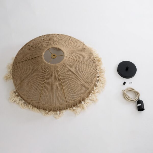 GloboStar® PUERTORICO 02098 Boho Κρεμαστό Φωτιστικό Οροφής Μονόφωτο 1 x E27 AC220-240V IP20 – Φ50 x Υ25cm – Μπεζ με Λευκό Λεπτό Νήμα Πλέγμα Βαμβακερό Καπέλο – 5 Χρόνια Εγγύηση