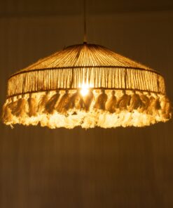 GloboStar® PUERTORICO 02098 Boho Κρεμαστό Φωτιστικό Οροφής Μονόφωτο 1 x E27 AC220-240V IP20 – Φ50 x Υ25cm – Μπεζ με Λευκό Λεπτό Νήμα Πλέγμα Βαμβακερό Καπέλο – 5 Χρόνια Εγγύηση