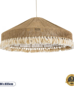 GloboStar® PUERTORICO 02099 Boho Κρεμαστό Φωτιστικό Οροφής Τριφωτο 3 x E27 AC220-240V IP20 – Φ80 x Υ35cm – Μπεζ με Λευκό Λεπτό Νήμα Πλέγμα Βαμβακερό Καπέλο – 5 Χρόνια Εγγύηση