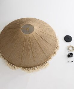 GloboStar® PUERTORICO 02099 Boho Κρεμαστό Φωτιστικό Οροφής Τριφωτο 3 x E27 AC220-240V IP20 – Φ80 x Υ35cm – Μπεζ με Λευκό Λεπτό Νήμα Πλέγμα Βαμβακερό Καπέλο – 5 Χρόνια Εγγύηση