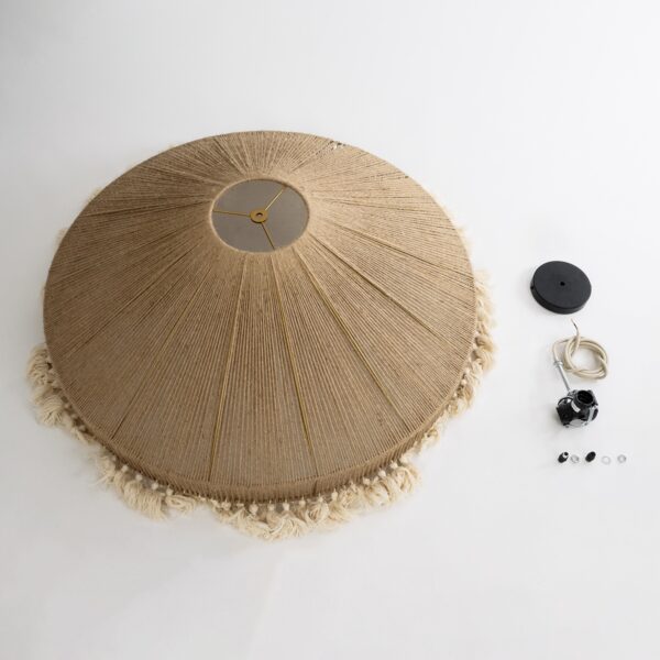 GloboStar® PUERTORICO 02099 Boho Κρεμαστό Φωτιστικό Οροφής Τριφωτο 3 x E27 AC220-240V IP20 – Φ80 x Υ35cm – Μπεζ με Λευκό Λεπτό Νήμα Πλέγμα Βαμβακερό Καπέλο – 5 Χρόνια Εγγύηση