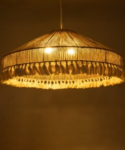 GloboStar® PUERTORICO 02099 Boho Κρεμαστό Φωτιστικό Οροφής Τριφωτο 3 x E27 AC220-240V IP20 – Φ80 x Υ35cm – Μπεζ με Λευκό Λεπτό Νήμα Πλέγμα Βαμβακερό Καπέλο – 5 Χρόνια Εγγύηση