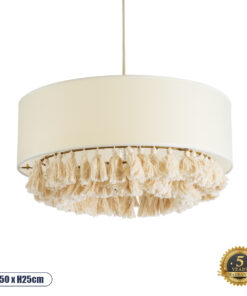 GloboStar® GINGER 02100 Boho Κρεμαστό Φωτιστικό Οροφής Μονόφωτο 1 x E27 AC220-240V IP20 – Φ50 x Υ25cm – Μπεζ Υφασμάτινο με Μπεζ Λεπτό Νήμα Πλέγμα Βαμβακερό Καπέλο – 5 Χρόνια Εγγύηση