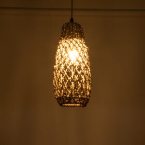 GloboStar® ECUADOR 02119 Boho Κρεμαστό Φωτιστικό Οροφής Μονόφωτο 1 x E27 AC220-240V IP20 – Φ15 x Υ35cm – Μπεζ Seagrass – Φύκι Πλέγμα Καμπάνα – 5 Χρόνια Εγγύηση