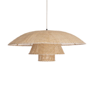 GloboStar® ZORA 02139 Boho Κρεμαστό Φωτιστικό Οροφής Μονόφωτο 1 x E27 AC220-240V IP20 – Φ80 x Υ32cm – Μπεζ Υφασμάτινο Καμπάνα