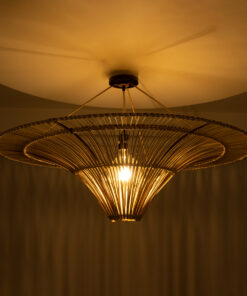 GloboStar® PALERMO 02153 Boho Φωτιστικό Οροφής Μονόφωτο 1 x E27 AC220-240V IP20 – Φ100 x Υ55cm – Μπεζ Ξύλινο Μπαμπού Πλέγμα – 5 Χρόνια Εγγύηση