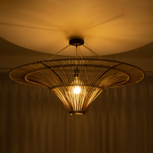 GloboStar® PALERMO 02153 Boho Φωτιστικό Οροφής Μονόφωτο 1 x E27 AC220-240V IP20 – Φ100 x Υ55cm – Μπεζ Ξύλινο Μπαμπού Πλέγμα – 5 Χρόνια Εγγύηση