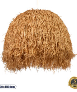GloboStar® GUADELOUPE 02156 Boho Κρεμαστό Φωτιστικό Οροφής Μονόφωτο 1 x E27 AC220-240V IP20 – Φ120 x Υ100cm – Καφέ Φυσική Ράφια Νήμα Πλέγμα Καμπάνα – 5 Χρόνια Εγγύηση
