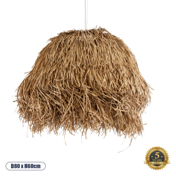 GloboStar® GUADELOUPE 02158 Boho Κρεμαστό Φωτιστικό Οροφής Μονόφωτο 1 x E27 AC220-240V IP20 - Φ80 x Υ60cm - Μπεζ Φυσική Ράφια Νήμα Πλέγμα Καμπάνα - 5 Χρόνια Εγγύηση