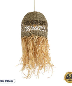 GloboStar® SAINTLUCIA 02160 Boho Κρεμαστό Φωτιστικό Οροφής Μονόφωτο 1 x E27 AC220-240V IP20 – Φ30 x Υ90cm – Χακί Σχοινί με Μπεζ Φυσική Ράφια Νήμα Πλεγμα Καμπάνα – 5 Χρόνια Εγγύηση