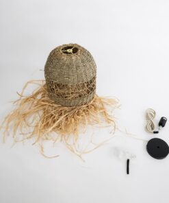 GloboStar® SAINTLUCIA 02160 Boho Κρεμαστό Φωτιστικό Οροφής Μονόφωτο 1 x E27 AC220-240V IP20 – Φ30 x Υ90cm – Χακί Σχοινί με Μπεζ Φυσική Ράφια Νήμα Πλεγμα Καμπάνα – 5 Χρόνια Εγγύηση