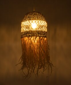 GloboStar® SAINTLUCIA 02160 Boho Κρεμαστό Φωτιστικό Οροφής Μονόφωτο 1 x E27 AC220-240V IP20 – Φ30 x Υ90cm – Χακί Σχοινί με Μπεζ Φυσική Ράφια Νήμα Πλεγμα Καμπάνα – 5 Χρόνια Εγγύηση