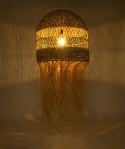 GloboStar® SAINTLUCIA 02161 Boho Κρεμαστό Φωτιστικό Οροφής Μονόφωτο 1 x E27 AC220-240V IP20 – Φ66 x Υ120cm – Χακί Σχοινί με Μπεζ Φυσική Ράφια Νήμα Πλεγμα Καμπάνα – 5 Χρόνια Εγγύηση