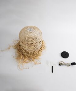 GloboStar® BASSETERRE 02162 Boho Κρεμαστό Φωτιστικό Οροφής Μονόφωτο 1 x E27 AC220-240V IP20 – Φ35 x Υ60cm – Μπεζ Ξύλινο Μπαμπού με Μπεζ Φυσική Ράφια Νήμα Πλεγμα Καμπάνα – 5 Χρόνια Εγγύηση