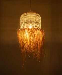 GloboStar® BASSETERRE 02162 Boho Κρεμαστό Φωτιστικό Οροφής Μονόφωτο 1 x E27 AC220-240V IP20 – Φ35 x Υ60cm – Μπεζ Ξύλινο Μπαμπού με Μπεζ Φυσική Ράφια Νήμα Πλεγμα Καμπάνα – 5 Χρόνια Εγγύηση