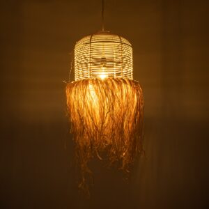 GloboStar® BASSETERRE 02162 Boho Κρεμαστό Φωτιστικό Οροφής Μονόφωτο 1 x E27 AC220-240V IP20 – Φ35 x Υ60cm – Μπεζ Ξύλινο Μπαμπού με Μπεζ Φυσική Ράφια Νήμα Πλεγμα Καμπάνα – 5 Χρόνια Εγγύηση