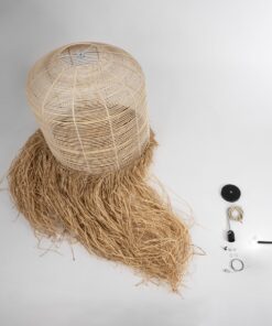 GloboStar® BASSETERRE 02163 Boho Κρεμαστό Φωτιστικό Οροφής Μονόφωτο 1 x E27 AC220-240V IP20 – Φ70 x Υ170cm – Μπεζ Ξύλινο με Μπεζ Καφέ Φυσική Ράφια Νήμα Πλέγμα Καμπάνα – 5 Χρόνια Εγγύηση