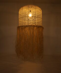 GloboStar® BASSETERRE 02163 Boho Κρεμαστό Φωτιστικό Οροφής Μονόφωτο 1 x E27 AC220-240V IP20 – Φ70 x Υ170cm – Μπεζ Ξύλινο με Μπεζ Καφέ Φυσική Ράφια Νήμα Πλέγμα Καμπάνα – 5 Χρόνια Εγγύηση